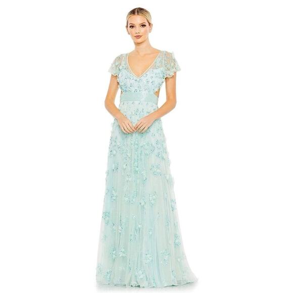 Mac Duggal 70275 Aqua Sequined 3D Floral Flutter Sleeve Maxi Dress Gown Sz4 $598